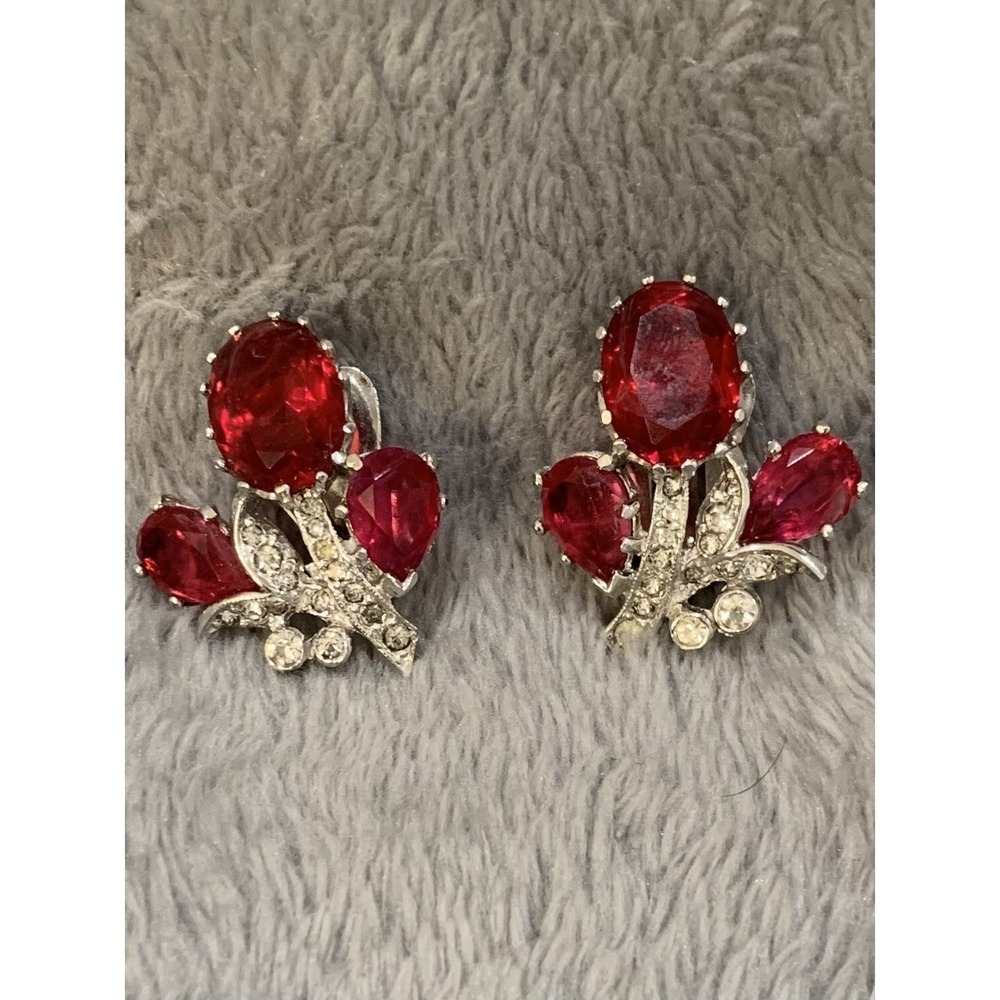 Kramer Vintage Crystal Rhinestone & Faux Ruby Bouquet Flower Signed Clip Earring